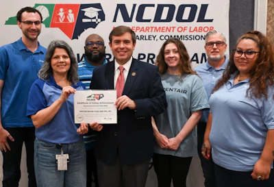 From left to right: Max Wascher, Jennifer Brown, Zedrick Bass, NCDOL Commissioner Farley, Cheyenne Brown, Michael Stephens, Tiffany Bryant