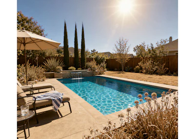 Sunny backyard with rectangular pool, lounge chairs, umbrella, cypress trees, and desert landscaping