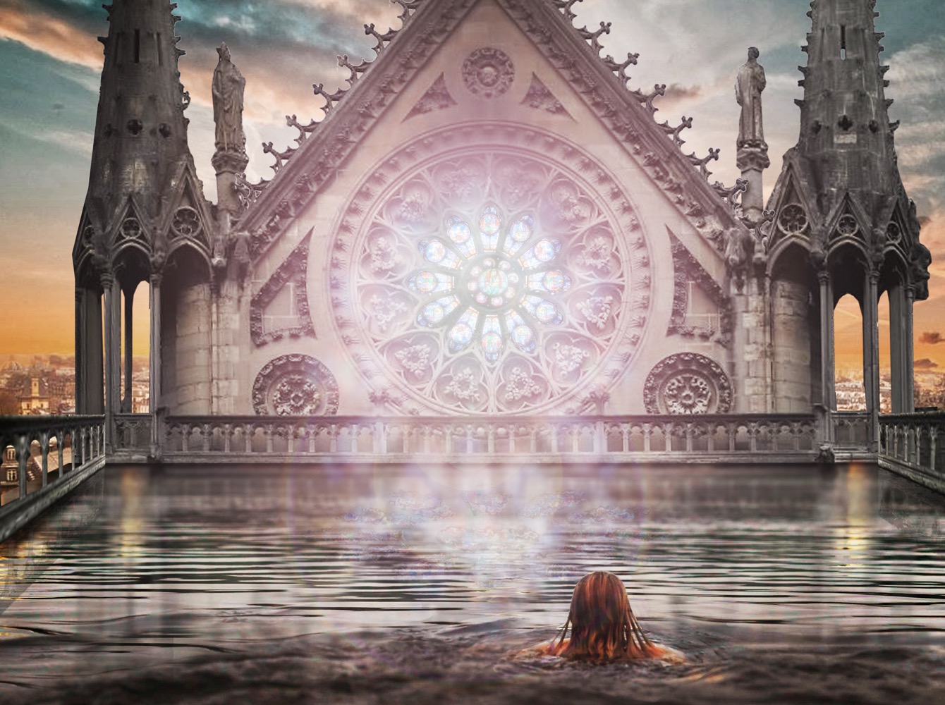 Woman wading in water before a glowing Gothic cathedral with ornate rose window and twin spires at sunset.