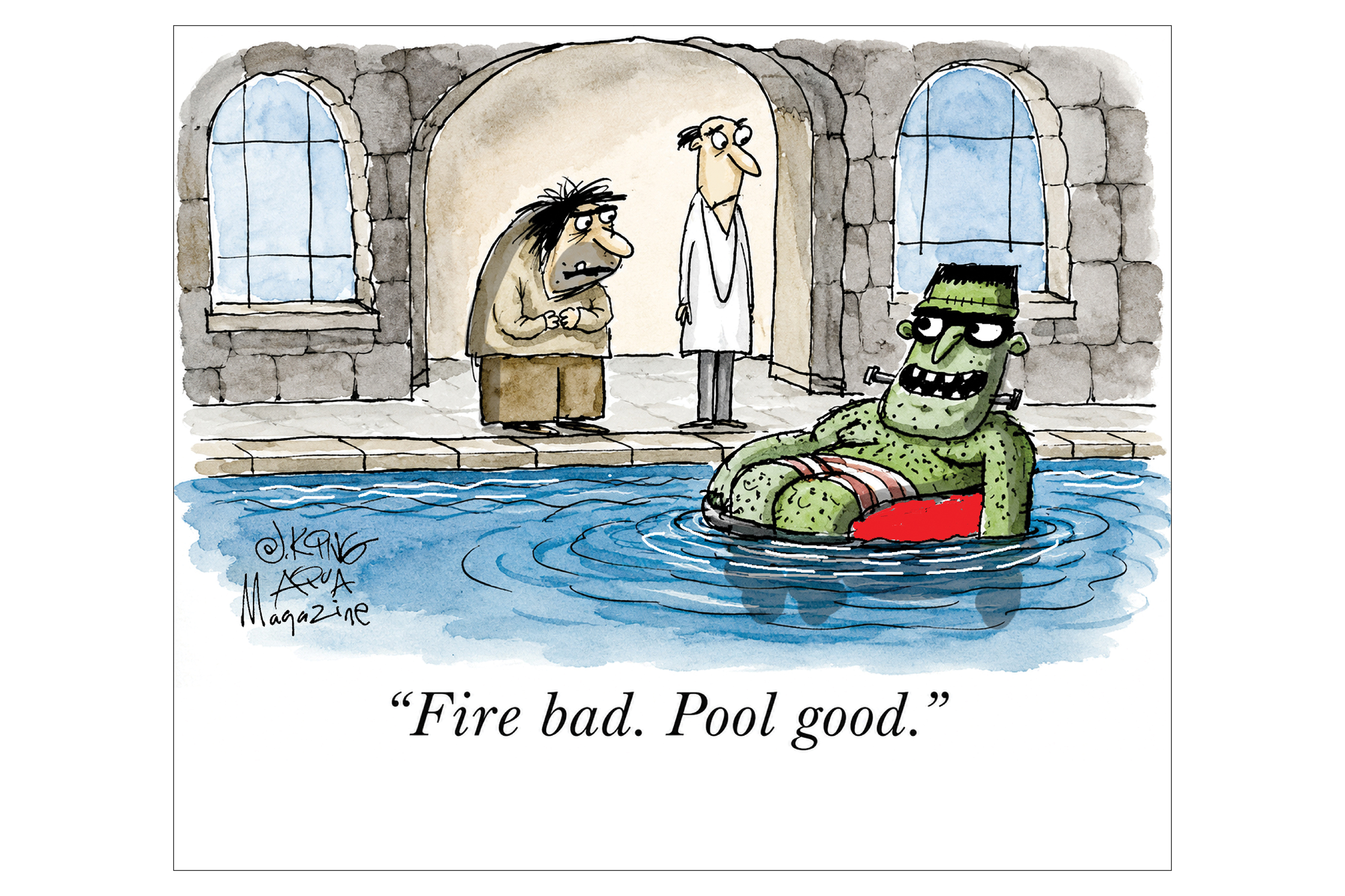 Cartoon illustration of a dungeon with a monster in a pool and two figures observing, captioned 'Fire bad. Pool good.'