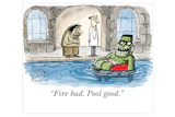 Cartoon illustration of a dungeon with a monster in a pool and two figures observing, captioned 'Fire bad. Pool good.'
