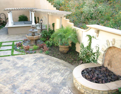 Many landscape designers intentionally create 'borrowed views,' directing attention of bathers toward attractive elements such as this beautiful courtyard with its delightful water feature.