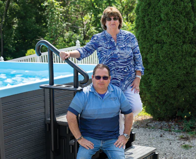 Tod and Elaine Bessery, pictured outside Leisure World Pools and Spas in South Burlington, Vt., beside their own 10-by-16-foot Champlain Plunge Pool design.