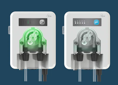 Two Ecci chemical dosing pumps with digital displays showing Ox and pH measurements and calibration dials