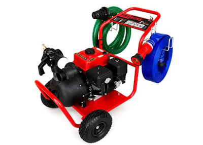 Red gas-powered pressure washer with green hose, blue reel, black engine, and pneumatic tires on white background