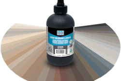 Black grout colorant and sealer bottle with Laticrete label displayed against a color swatch fan showing neutral and gray tones