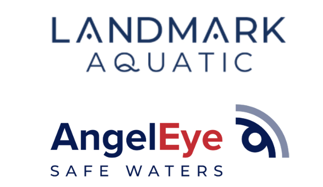Landmark Aquatic and Angel Eye Safe Waters logos in navy blue and red