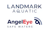 Landmark Aquatic and Angel Eye Safe Waters logos in navy blue and red