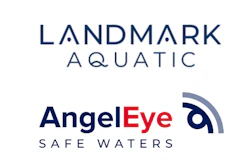 Landmark Aquatic and Angel Eye Safe Waters logos in navy blue and red