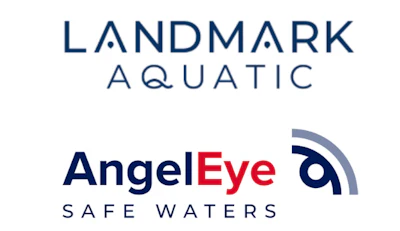 Landmark Aquatic and Angel Eye Safe Waters logos in navy blue and red