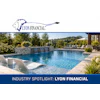 Lyon Financial logo with blue lion mascot above luxury backyard pool and patio landscape