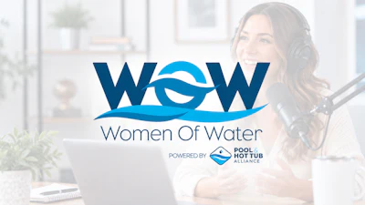 Women Of Water podcast logo with woman podcaster at microphone, powered by Pool and Hot Tub Alliance