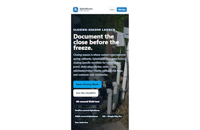 SplashLearn app promoting closing-season documentation workflow with launch features and action buttons