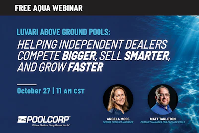 PoolCorp webinar announcement featuring speakers Angela Moss and Matt Tarleton discussing above-ground pool sales strategies on October 27 at 11 AM CST