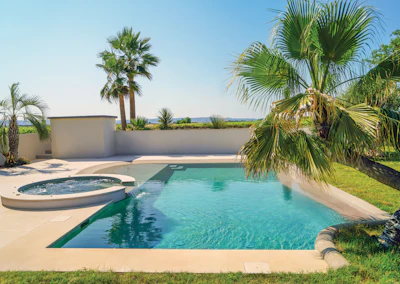 Luxury backyard with turquoise swimming pool, hot tub, and palm trees overlooking open landscape