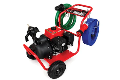 Red portable air compressor with black motor, green hose, blue reel, and pneumatic controls on wheels
