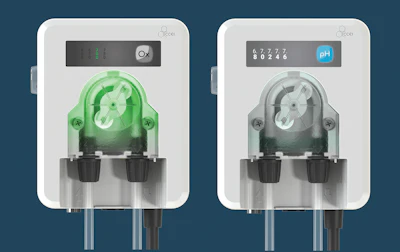 Two Ecci peristaltic dosing pumps with digital displays showing oxygen and pH measurement capabilities against a blue background