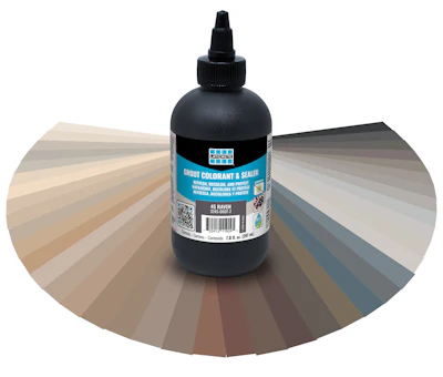 Laticrete grout colorant and sealer bottle with color swatch fan display