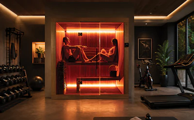 Modern luxury home gym with red neon-lit sauna room, dumbbells, exercise bikes, and ambient lighting