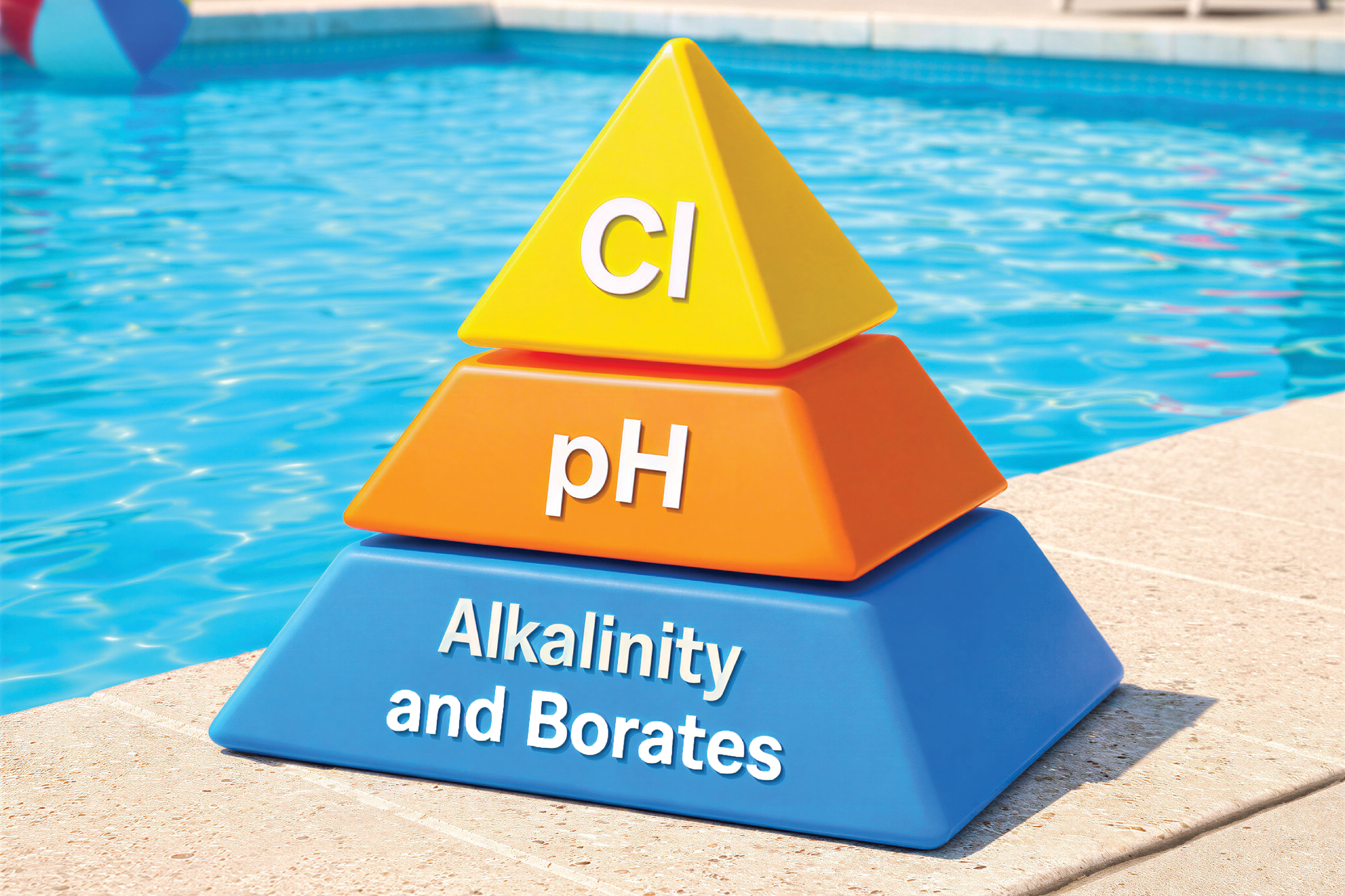 Pool chemistry pyramid showing three levels: Chlorine (Cl) at top, pH in middle, and Alkalinity and Borates at base, displayed poolside.