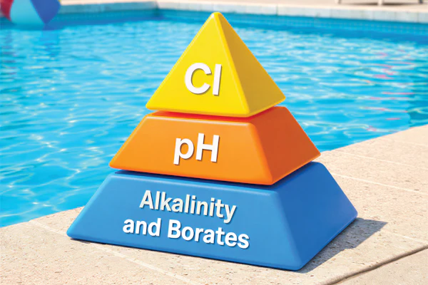 Pool chemistry pyramid showing three levels: Chlorine (Cl) at top, pH in middle, and Alkalinity and Borates at base, displayed poolside.