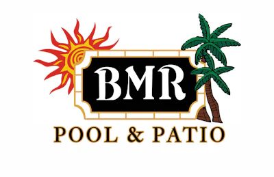 BMR Pool & Patio logo featuring a sun and palm tree with gold-bordered badge design
