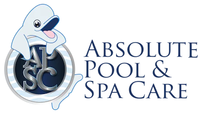 Absolute Pool & Spa Care logo featuring a playful dolphin mascot in a circular emblem with navy and light blue colors