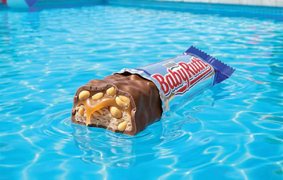 Baobab chocolate bar floating in a bright blue swimming pool