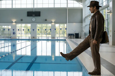 Man in brown jacket standing at indoor swimming pool edge with lane dividers visible