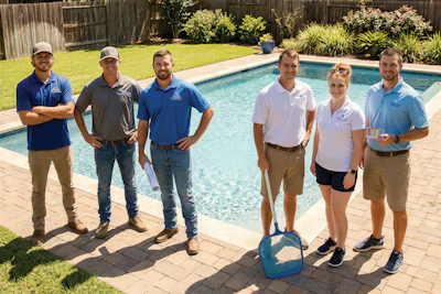Six team members in casual work attire standing together by a residential swimming pool on a sunny day