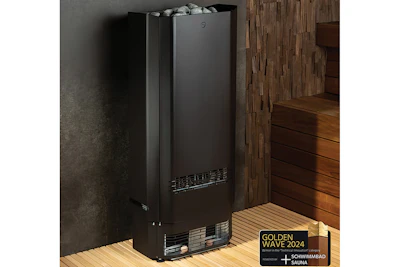 Black sauna heater unit in modern room with concrete and wood finishes, featuring Golden Wave 2024 award badge