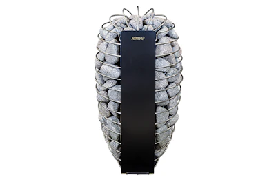 Harvia sauna heater with gray stones arranged around black central heating element
