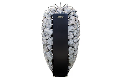 Harvia sauna heater with gray stones arranged around black central heating element