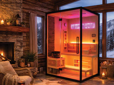 Modern infrared sauna with orange and pink lighting in luxury cabin interior with fireplace and snowy mountain views
