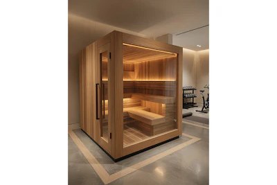 Modern wooden sauna with glass door and warm ambient lighting in luxury spa facility