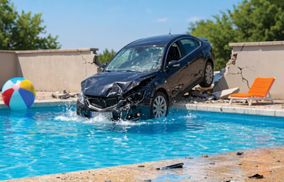 Damaged black sedan partially submerged in swimming pool during crash test demonstration