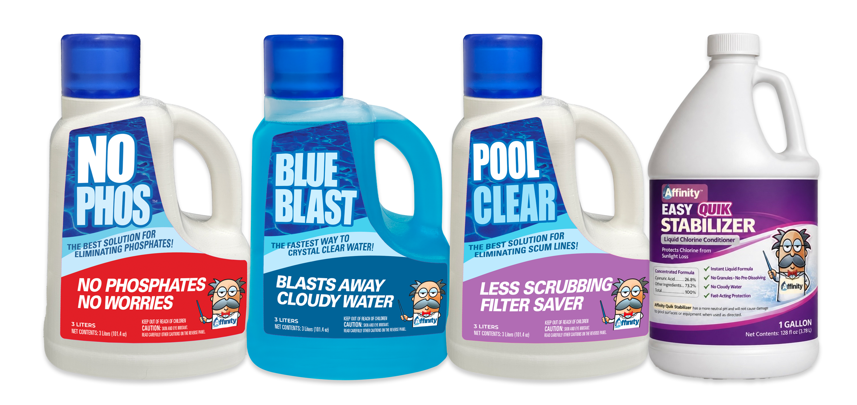 Four pool maintenance chemical bottles: NO PHOS, BLUE BLAST, POOL CLEAR, and Affinity Easy Quik Stabilizer