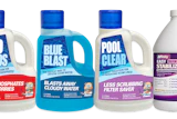 Four pool maintenance chemical bottles: NO PHOS, BLUE BLAST, POOL CLEAR, and Affinity Easy Quik Stabilizer