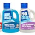 Four pool maintenance chemical bottles: NO PHOS, BLUE BLAST, POOL CLEAR, and Affinity Easy Quik Stabilizer