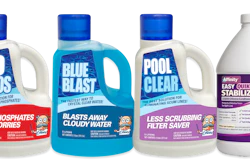 Four pool maintenance chemical bottles: NO PHOS, BLUE BLAST, POOL CLEAR, and Affinity Easy Quik Stabilizer