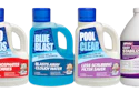 Four pool maintenance chemical bottles: NO PHOS, BLUE BLAST, POOL CLEAR, and Affinity Easy Quik Stabilizer