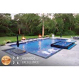 Luxury backyard pool with fire bowls, hot tub, and 2026 Awards of Excellence bronze certification badge