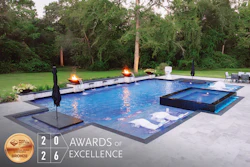 Luxury backyard pool with fire bowls, hot tub, and 2026 Awards of Excellence bronze certification badge