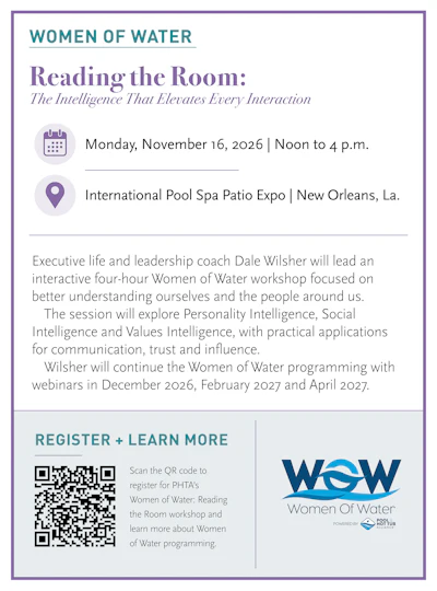 Women of Water workshop flyer for 'Reading the Room' event on November 16, 2026, featuring speaker Dale Wilsher and WOW logo