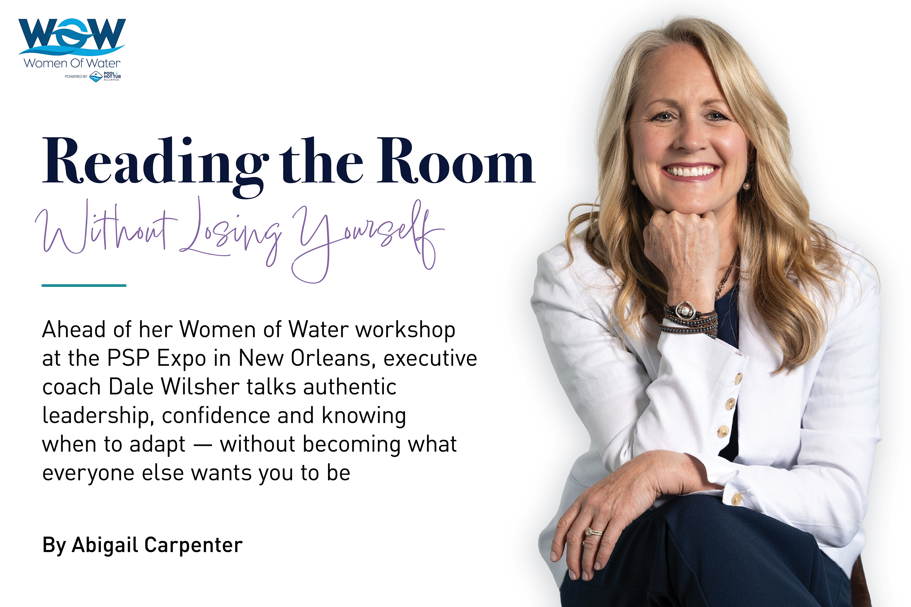 Executive coach Dale Wilsher smiling in professional white blazer for Women of Water leadership article