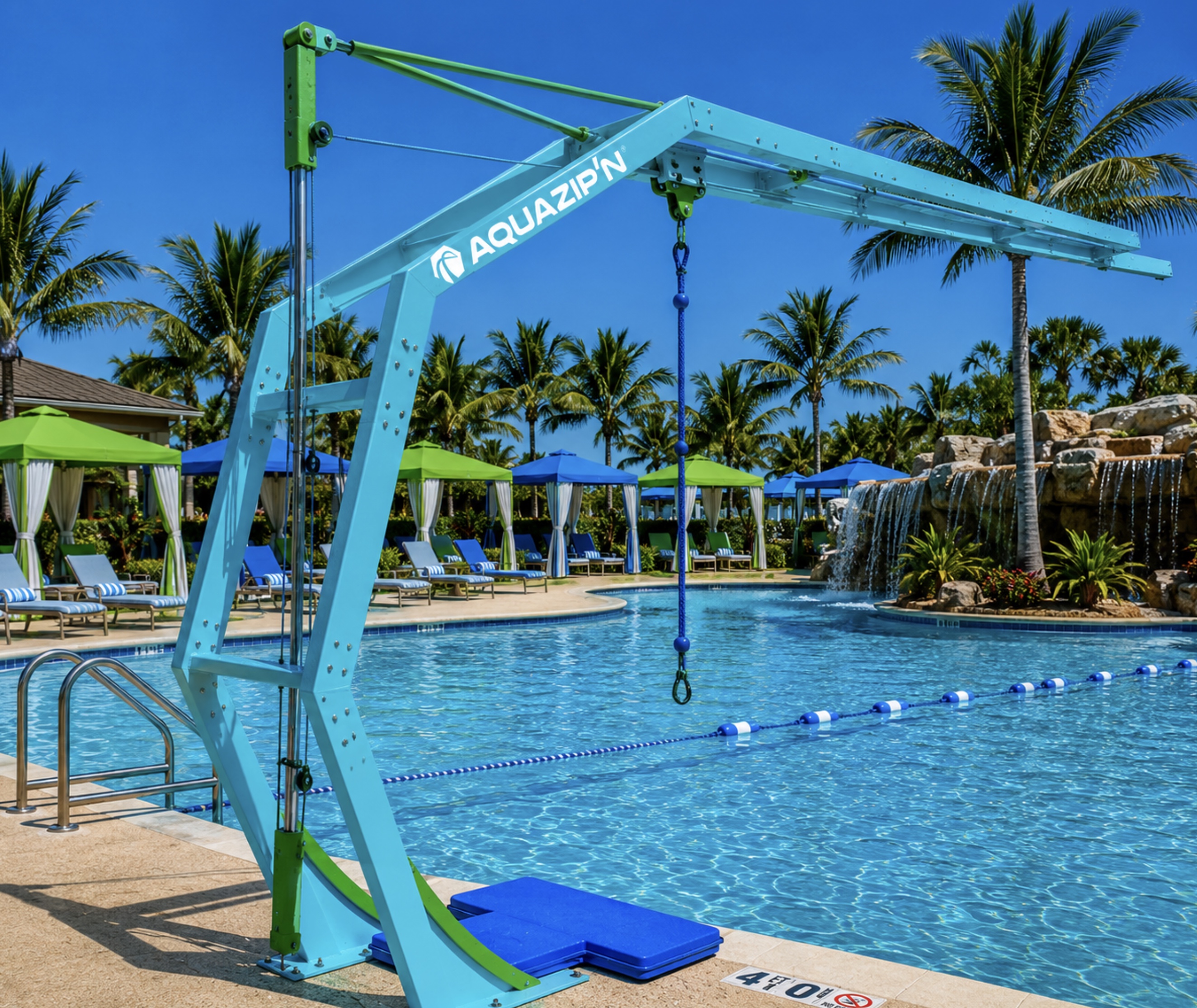 Turquoise pool hoist with Aquazion branding at a resort pool with palm trees and lounging areas