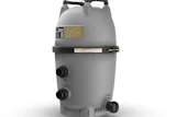 Gray vertical pool filter cartridge with dual control valves and product labeling