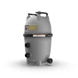 Gray vertical pool filter cartridge with dual control valves and product labeling