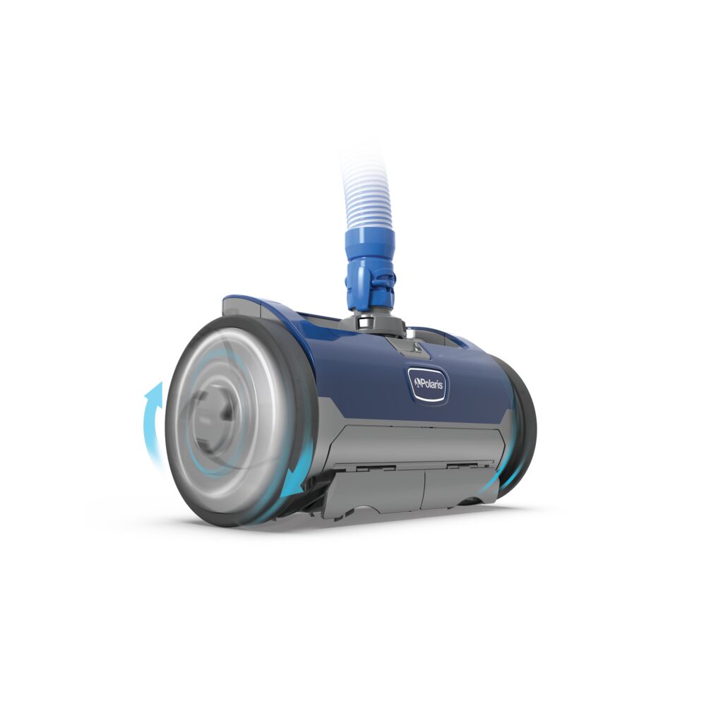 Polaris robotic pool cleaner with blue and gray design and suction hose attachment