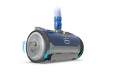 Polaris robotic pool cleaner with blue and gray design and suction hose attachment